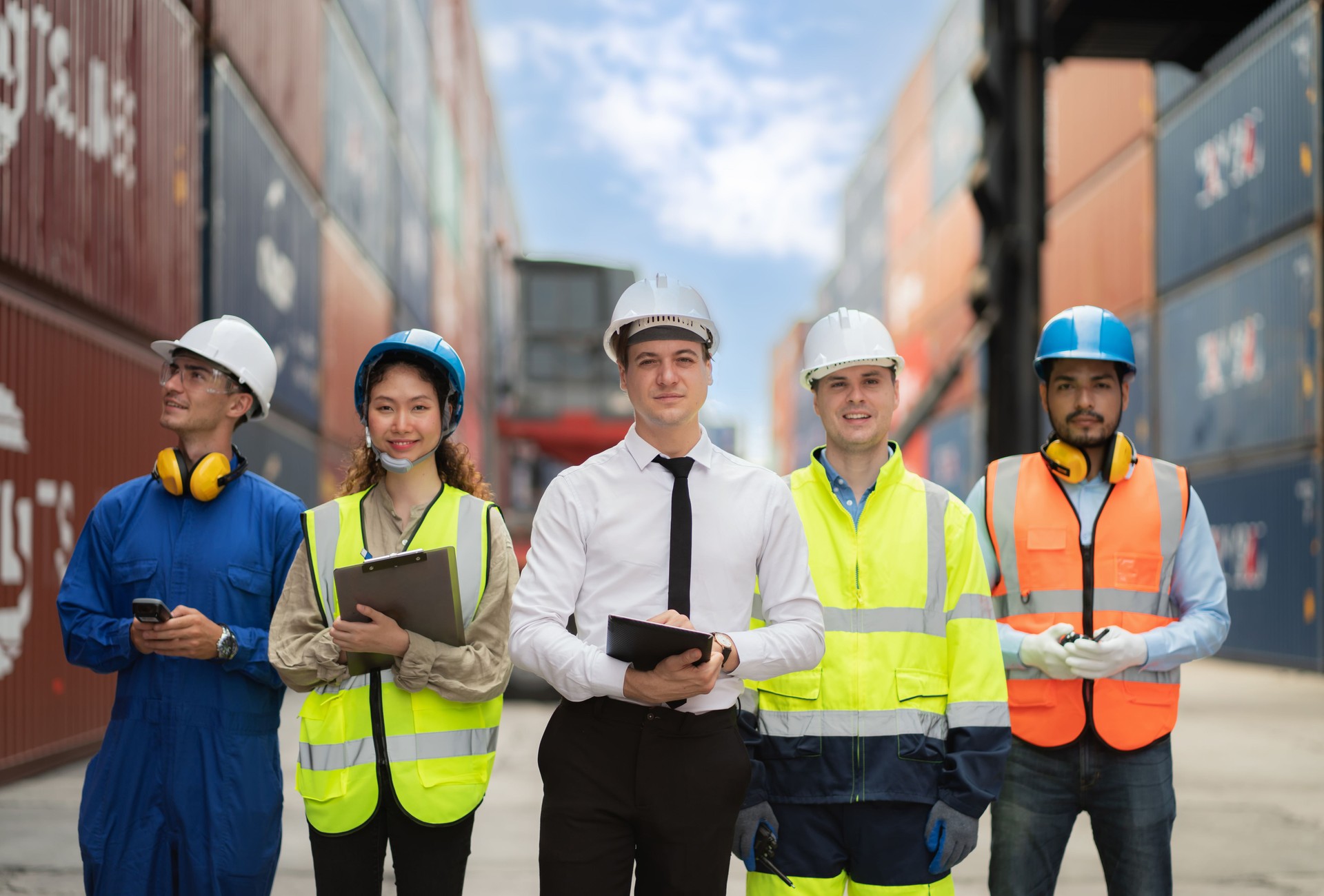 Group of engineer worker and manager standing in the shipping yard container. Truck lifting and forklift behind. Import, export product. Manufacturing transport and global business concept