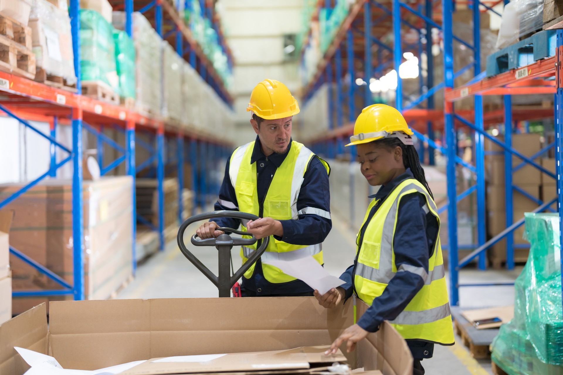 Professional female and male workers working.